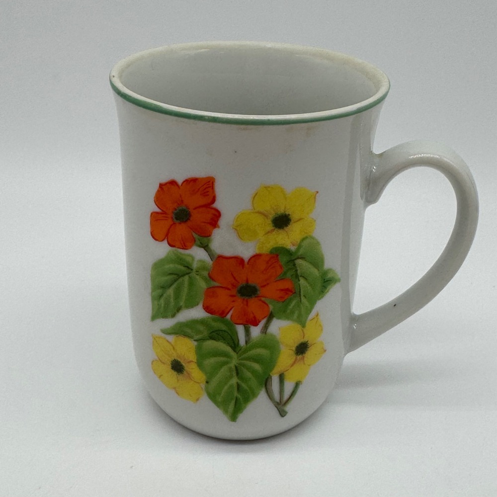 Vintage Japan Porcelain Mug Orange Yellow Flower Green Trim 0135 Coffee Cup 4"